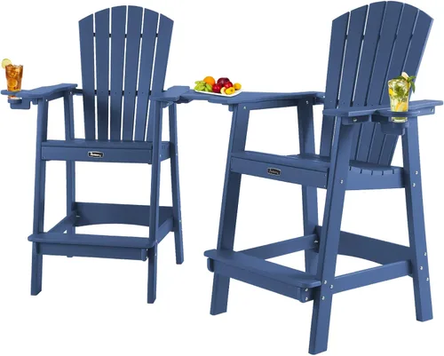 Vista 15 de FUNBERRY Juego de 2 sillas altas Adirondack con mesa de conexión extraíble, silla de balcón alta para todo tipo de clima con portavasos 2