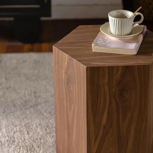 Vista 4 de Mesa auxiliar hexagonal de 15.75 pulgadas para sala de estar, grano de madera, sin montaje, nogal (15.75in-Walnut)