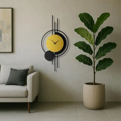 Vista 7 de pluviart Reloj de pared geométrico dorado y negro, reloj de metal silencioso grande, arte de pared moderno de mediados de siglo para sala de estar