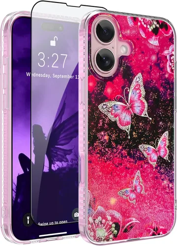 Vista 13 de OOK Diseños para iPhone 14 Pro Max Funda con Purpurina Mariposa Púrpura Diseño de Nebulosa Espacial PC Duro + TPU Suave Parachoques Antideslizante