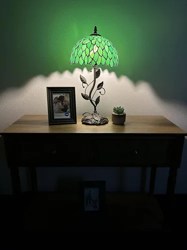 Vista 2 de Lámpara de mesa de vidrieras hojas verdes hojas de metal de hierro base de bronce incluida bombilla LED para sala de estar, dormitorio, mesita