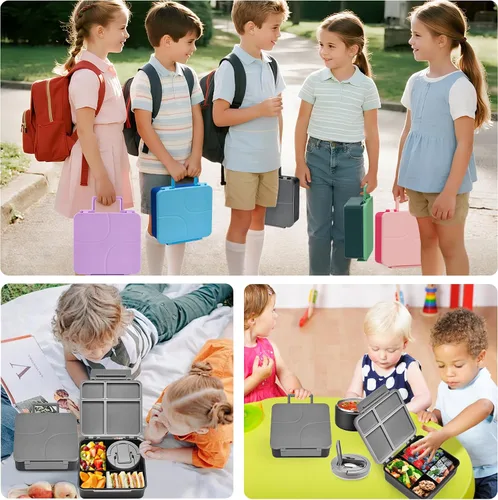 Vista 7 de MAXSO Set de Lonchera Bento para Niños con Termo de Sopa de 8 oz, Envase para Comida Caliente a Prueba de Fugas con 4 Compartimentos, Tarro