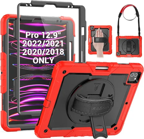 Vista 13 de SEYMAC Funda para iPad Pro 12.9 2022/2021/2020/2018, resistente protección a prueba de golpes con protector de pantalla, soporte giratorio de 360°