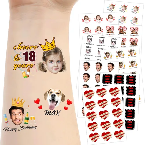 Vista 10 de Tatuajes temporales personalizados para la cara, tatuajes faciales personalizados con nombre de foto, logotipo, texto, calcomanía de tatuaje falsa