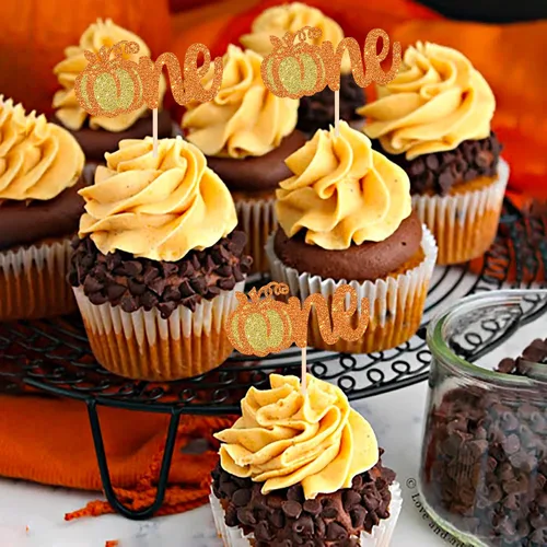 Vista 6 de Rsstarxi Paquete de 24 decoraciones de calabaza con purpurina para cupcakes de primer cumpleaños, decoración de pastel de calabaza para el primer