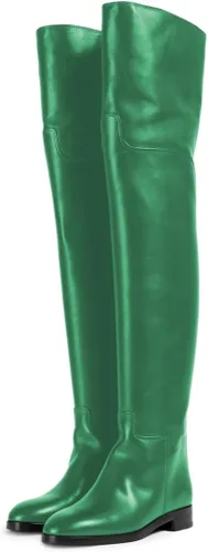 Vista 14 de YDN Botas planas de pantorrilla ancha para mujer, con puntera redonda, por encima de la rodilla, con tacón bajo, botas altas hasta el muslo, zapatos