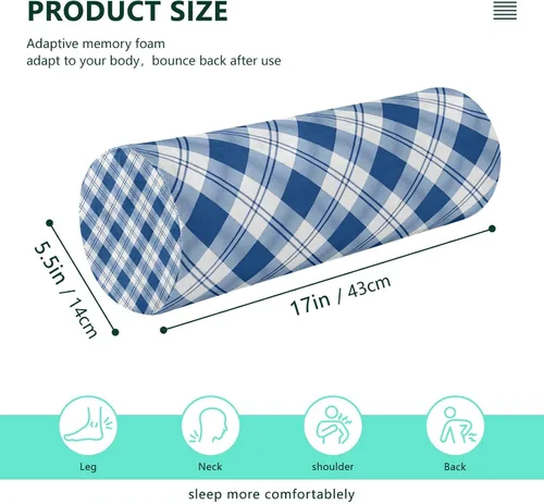 Vista 3 de Qilmy Blue White Plaid Neck Roll Pillow, Memory Foam Round Pillow Cylinder Bolster Pillow for Sleeping, Cervical Roll Pillows for Pain Relief, 17" X