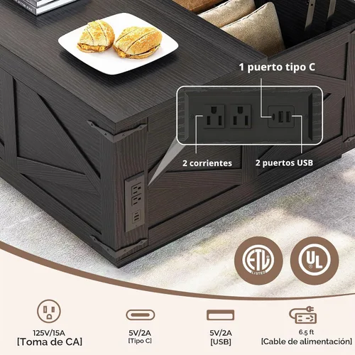 Vista 4 de Jocoevol Mesa auxiliar con tapa elevable, mesa central cuadrada de madera con iluminación LED, estación de carga USB-C y compartimento