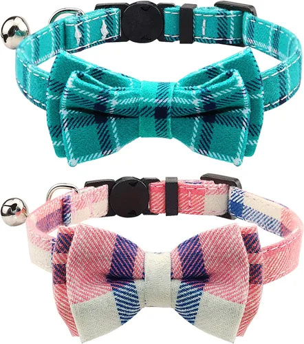 Vista 22 de Collar Joytale con corbatín y campana, lindos patrones de cuadros, 1 o 2 unidades de collares de seguridad para gato, Negro