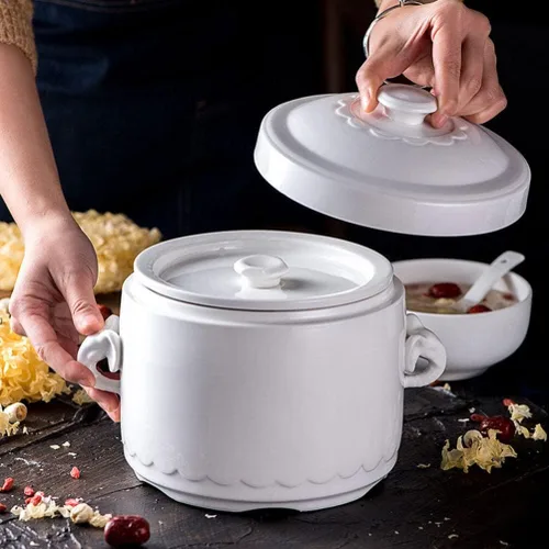 Vista 5 de Hemoton Olla de cerámica para estofado de 3.74 x 3.74 x 4.13 pulgadas, pequeña olla blanca con tapa para huevos al vapor, natillas de pájaros, nido