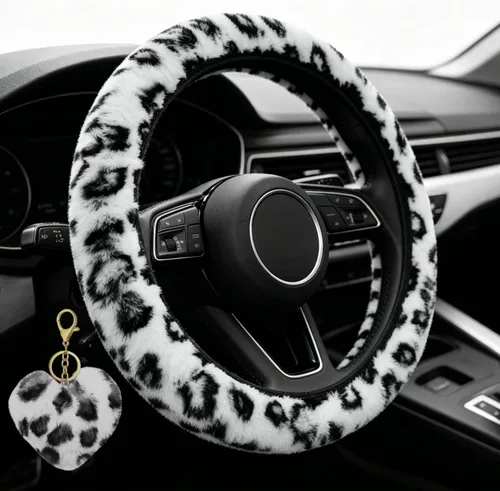Vista 10 de Funda de volante de leopardo con llavero, protector de volante de piel elástica y mullida, guepardo, accesorios de automóvil para mujeres y niñas