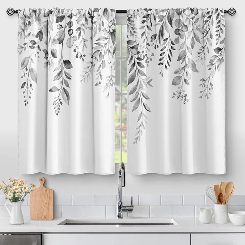 Vista 29 de Aimego Cortinas de Cocina de Eucalipto Primaveral - Hojas de Plantas de Acuarela Floral Azul con Cortinas de Nivel Botánico Floral para Cafetería