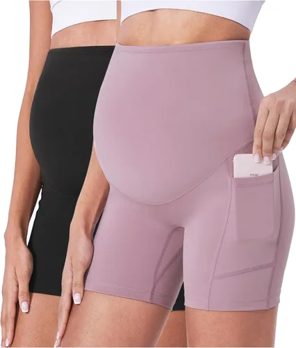 Vista 16 de POSHDIVAH Pantalones cortos de maternidad para mujer de 5 pulgadas 2 piezas negro