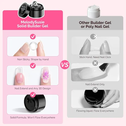Vista 6 de MelodySusie Gel de Construcción Sólido para Uñas 3D 4 en 1 Antiadherente para Extensión UV para Uñas Acrílicas Transparente 60ML
