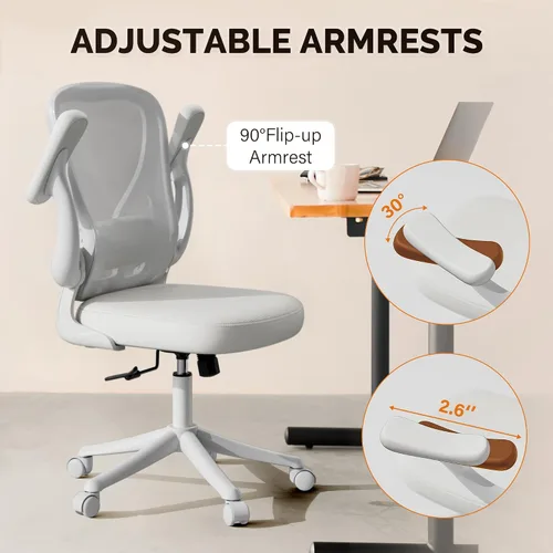 Vista 4 de Ollega Silla de escritorio para computadora con ruedas, silla de oficina de malla con brazos abatibles, soporte lumbar ajustable, silla de Blanco