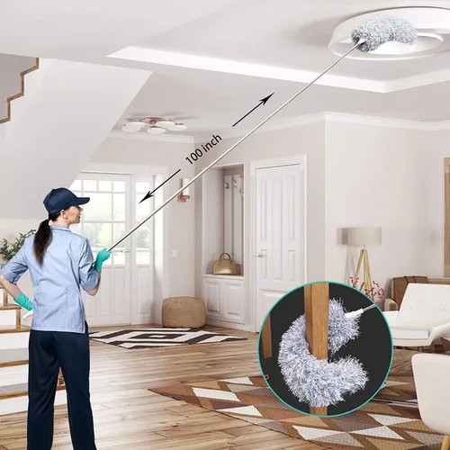 Vista 2 de Plumero de microfibra para limpieza del hogar, cepillo limpiador de ventilador con varilla larga de 100 pulgadas, limpieza flexible de alta