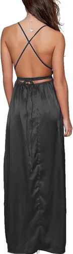 Vista 2 de Yimeili vestido largo de fiesta para mujer, vestido de cóctel sexy, satinado, con cuello en V profundo, espalda descubierta y abertura