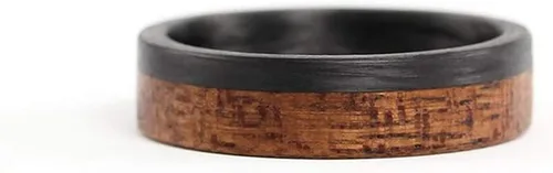 Vista 3 de Men's carbon fiber and bentwood ring. Modern and natural wooden caoba wedding band. Water resistant, very durable and hypoallergenic. (00405_7N)