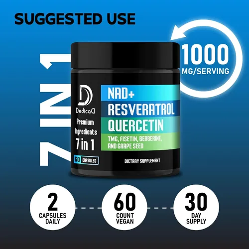 Vista 4 de DEDICAD Suplemento NAD.+ - Combinado con Resveratrol, Quercetina, Berberina, Fisetina, TMG y Semilla de Uva - 60 Cápsulas