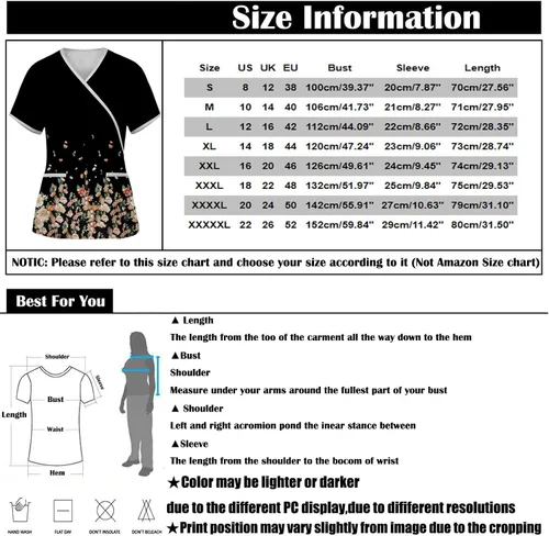 Vista 3 de Ropa de trabajo con estampado floral o animal para mujer, con lazo en la espalda, manga corta, cuello en V, con bolsillos, tallas S-5XL