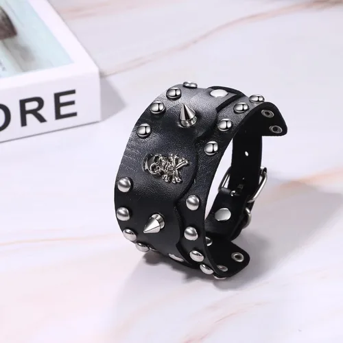 Vista 6 de Cupimatch Punk Gothic Skull Rivet Wide Leather Bracelet Cuff Adjustable 7.5"- 8.7" for Father's Day