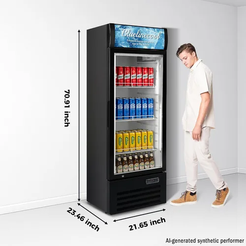 Vista 2 de Refrigeradores comerciales Bluelinecool 9 pies cúbicos verticales para exhibición, enfriador de bebidas con puerta de vidrio y luz LED, estantes