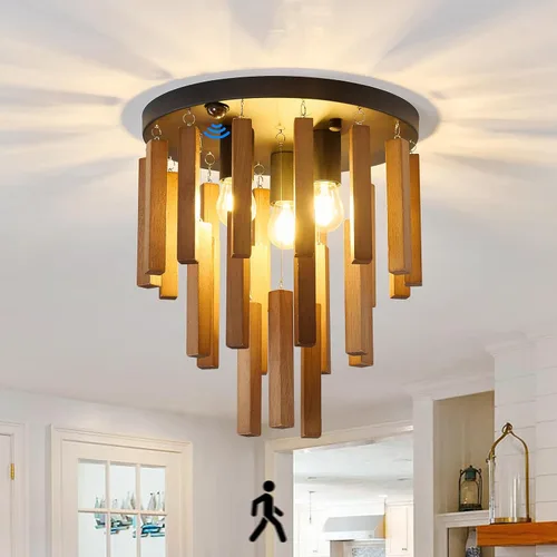 Vista 12 de Lámparas de techo semiempotradas de 3 luces, lámpara de madera bohemia, lámpara de techo de roble y negro con E26 para cocina, sala de estar