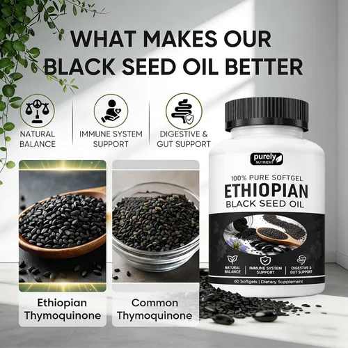 Vista 2 de Aceite de semilla negra etíope puramente nutritiva, cápsulas de aceite de semilla negra puramente etíope 4.64% timoquinona, cápsulas blandas