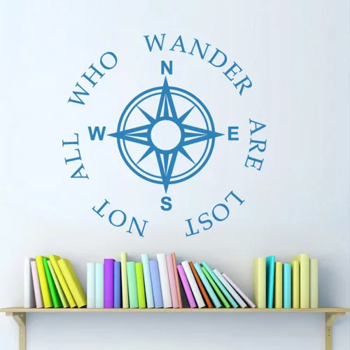 Vista 2 de Not All Who Wander Are Lost – Brújula de Inspirational Quote letras de con brújula rosa calcomanía de vinilo Negro