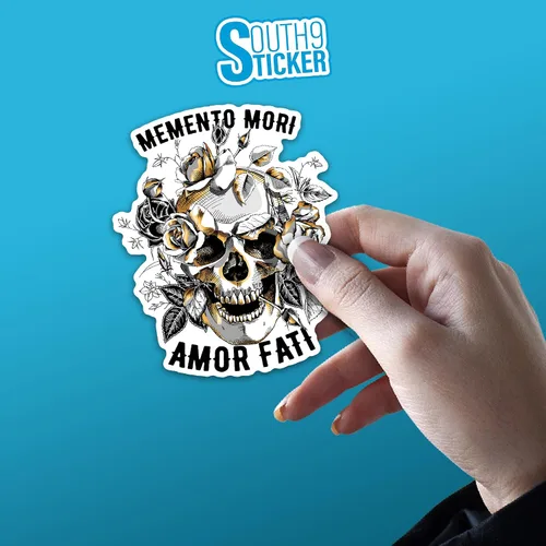 Vista 5 de Calcomanías de vinilo troqueladas con diseño de Memento Mori Amor Fati Skull Gold Roses Flowers para casco duro, botella de agua, laptop, monopatín