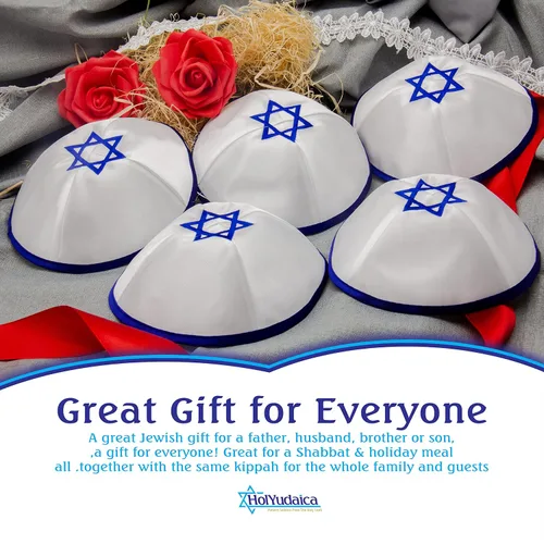 Vista 3 de HolYudaica Paquete de 10 piezas Hq 7.9in satén Kippah con cuerda plateadadorada+estrella de David para hombres y niños, sombrero Yamaka de Israel