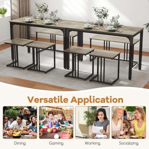 Vista 6 de GOFLAME Juego de mesa de comedor de 4 piezas para 4, mesa de comedor rectangular de madera con banco y 2 taburetes, juego de mesa de cocina