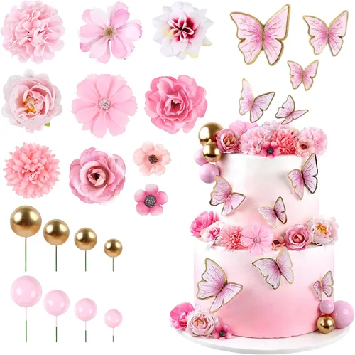 Vista 17 de 38 bolas de oro rosa para decoración de tartas, flores artificiales rosadas, decoraciones de pasteles de mariposa para decoración de pasteles
