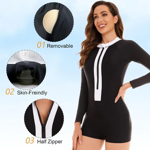 Vista 4 de NESY Traje de baño de una pieza de manga larga para mujer, traje de baño de protección contra erupciones, pantalones cortos UPF 50+, traje de baño