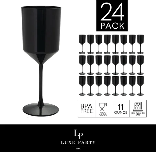 Vista 2 de LUXE PARTY Paquete de 24 copas de vino desechables 11 onzas Plástico premium Una pieza Copas Fiestas Bodas Negro