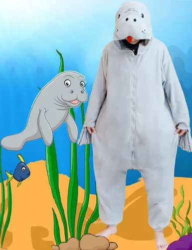 Vista 2 de Pijama unisex de una pieza de manatí para adultos, disfraz de animal de felpa para Halloween, Navidad, para mujeres y hombres