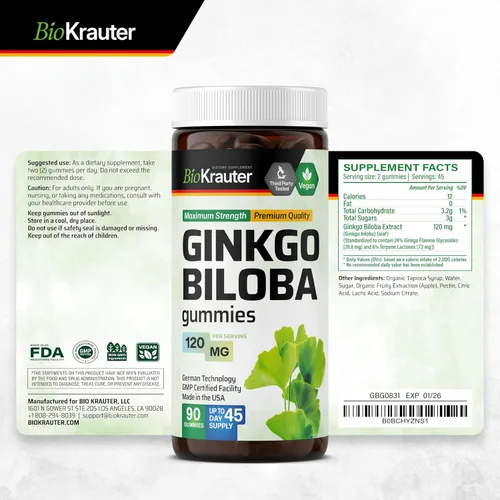 Vista 9 de BIO KRAUTER® Ginkgo Biloba para apoyo cerebral - Suplemento vegano de ginkgo biloba para calma, concentración y memoria - 90 gomitas de ginkgo