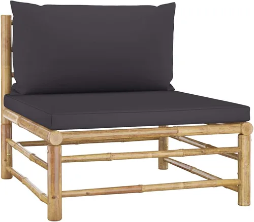 Vista 4 de vidaXL Juego de sala de patio de 3 piezas con elegantes cojines gris oscuro, muebles de exterior de bambú, sofá medio, reposapiés, mesa auxiliar