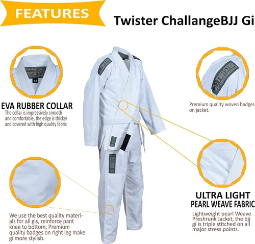 Vista 8 de Twister Challenge Brazilian Jiu Jitsu Gi Uniforme de Jiu Jitsu BJJ Gi Tela ligera preencogida Viene con cinturón gratis