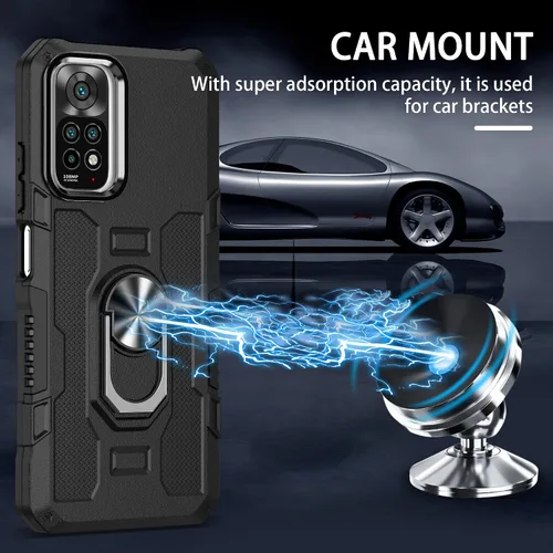 Vista 6 de Compatible con Xiaomi Redmi Note 11S/11 4G Funda para teléfono y protector de pantalla de vidrio templado, soporte de anillo, soporte magnético