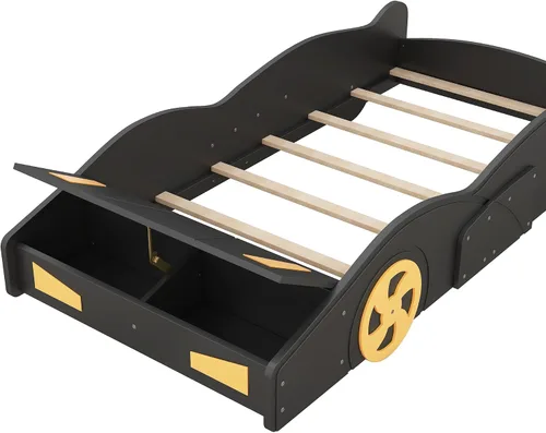 Vista 7 de Harper & Bright Designs Cama de plataforma en forma de auto de tamaño individual con almacenamiento y ruedas, cama individual para niños, marco