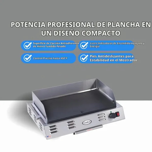 Vista 3 de Cadco CG-10 Plancha ahorradora de espacio para encimera, acero inoxidable, 120 V, área de cocción de 21 "x 12", para uso comercial
