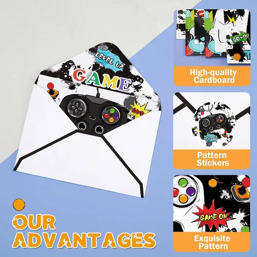 Vista 3 de WERNNSAI Tarjetas de agradecimiento de videojuegos – 24 piezas de decoración de cumpleaños de videojuegos, tarjetas de agradecimiento con sobres