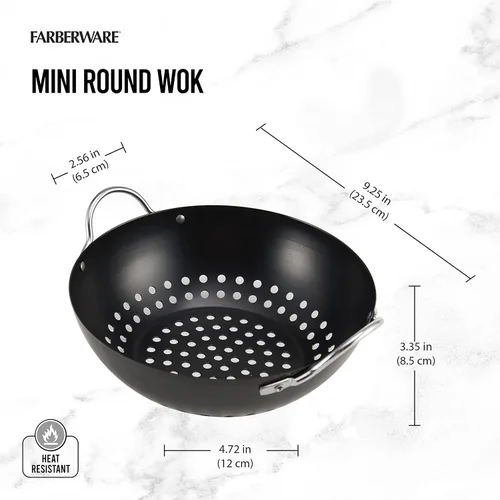 Vista 2 de Farberware Mini wok redondo antiadherente para barbacoa, 8 pulgadas, negro