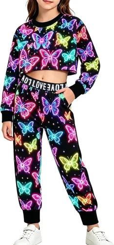 Vista 5 de Betusline - Conjunto de 2 piezas para niñas, ropa deportiva con sudadera y pantalones cortos, 4T-14 años Una flor de orilla naranja