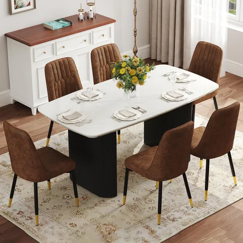 Vista 9 de Juego de mesa de comedor blanco Ebullient para 4, juego de mesa de comedor ovalada de mármol de 67' con 4 sillas de metal, parte superior de grano