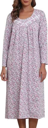 Vista 19 de Camisones largos de algodón para mujer, 100% algodón, vestido de noche de manga larga para mujer, ropa de dormir vintage A rosa