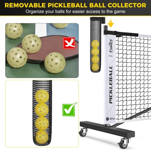 Vista 4 de Fostoy Pickleball Net with Ball Collector, Wheels, 22FT & 11FT Size Negro&blanco