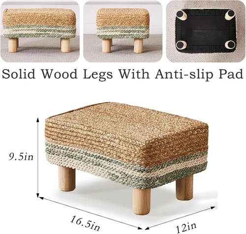 Vista 3 de Cpintltr Taburete otomano rectangular, reposapiés, otomano, reposapiés natural de algas marinas con patas de madera, taburete tejido a mano