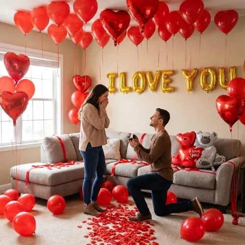 Vista 4 de Juego de globos y globos de aniversario, kit romántico de globos de corazón con rosa roja, decoraciones de aniversario para boda, confesión